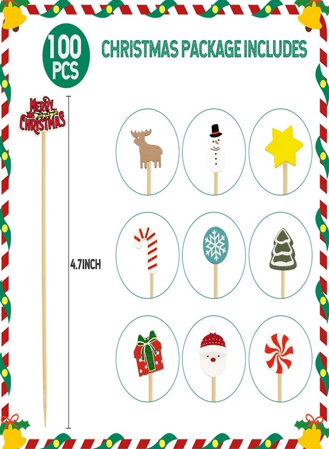 HFBOBP 100pcs Christmas Cocktail Picks, 4.7inch Christmas Tree Snowman Santa Claus Reindeer Candy Snowflake Gift Bamboo Cocktail Toothpicks Fruit Food Appetizer Skewers for Winter Christmas Party Decorations - Image 3